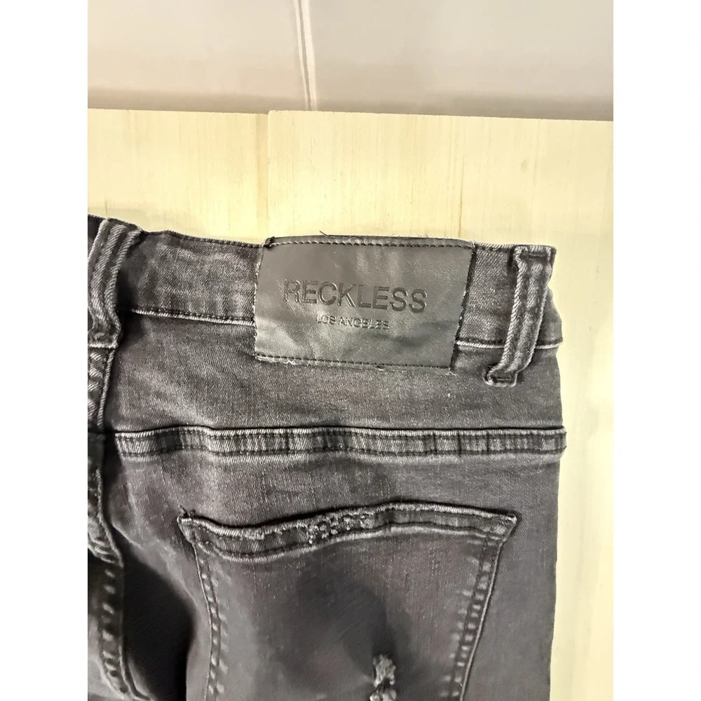 RECKLESS Men's Distressed Slim Straight Jeans Black Denim 5-Pocket Button Zip